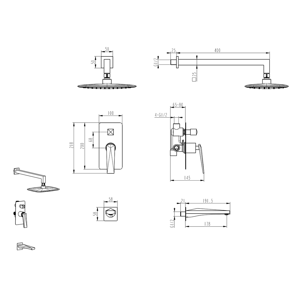 Смеситель встроенный с изливом + верхний душ + ручной душ ЗОЛОТО
