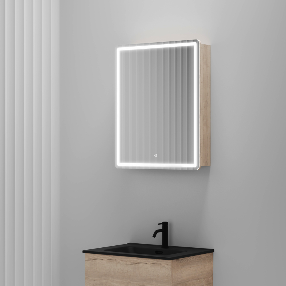 Зеркальный шкаф для ванной комнаты sancos mirror 590x150х740 мм, с led подсветкой, цвет дуб галифакс натуральный , арт. mi60eg