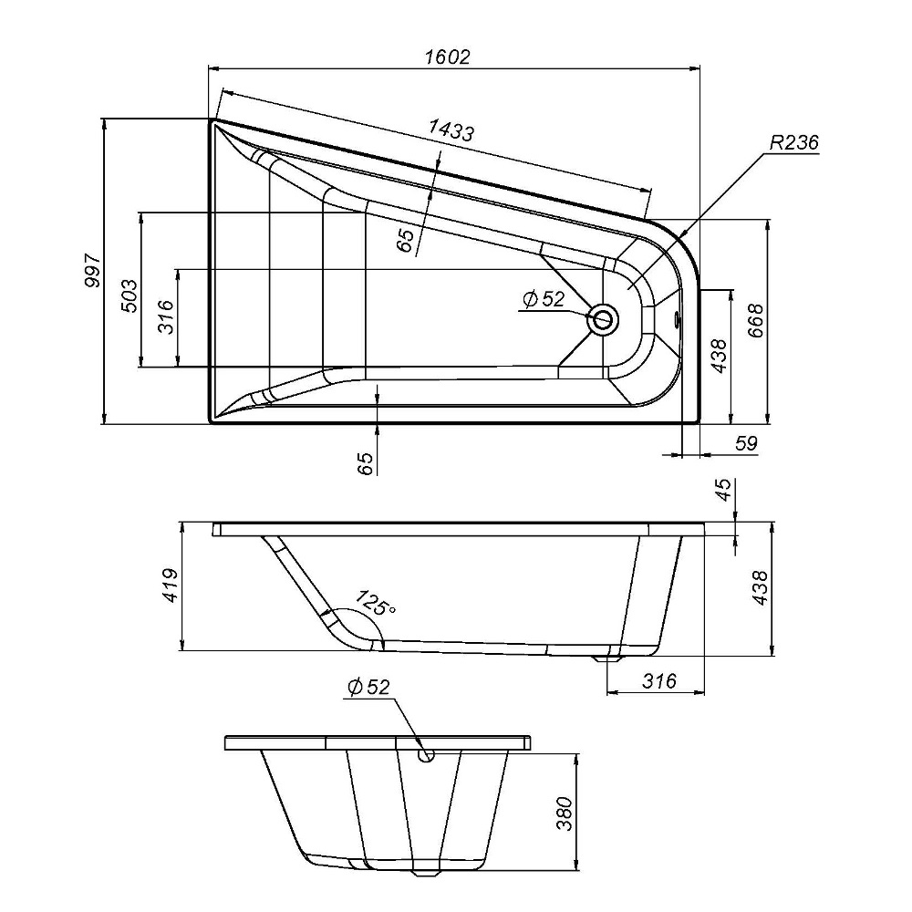 W72A-160R100W-A2 Ванна акриловая spirit  ассиметричная 160x100, без слива/перелива, правосторонняя