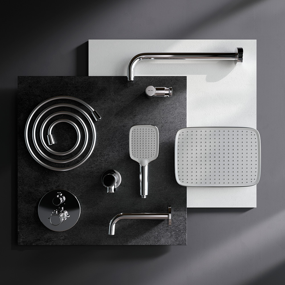 FT85A3RH40 X-Joy, набор: встроеный см-ль с ТМС, излив, прямоуг.верхний душ 300х210мм, ручн.душ, хром