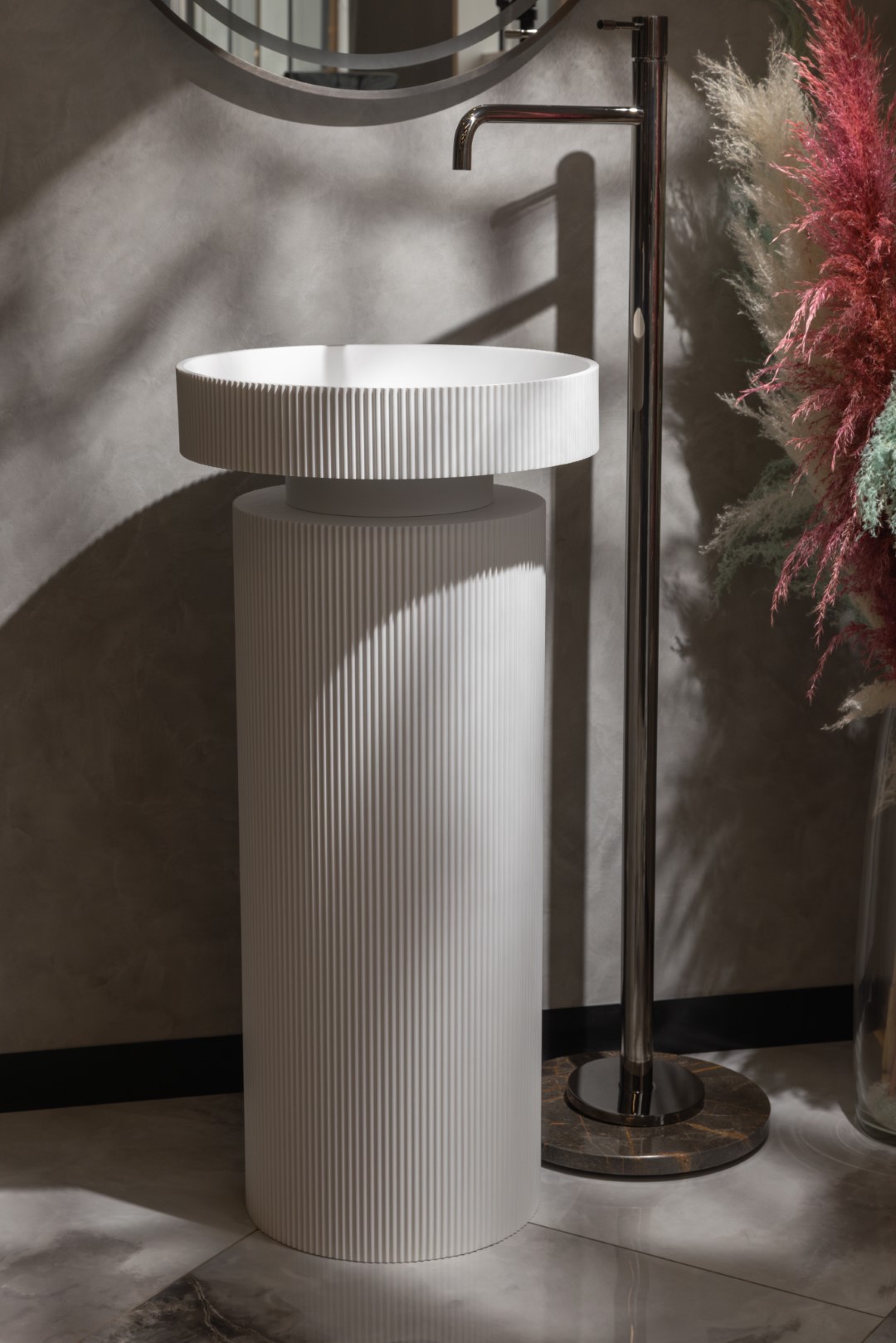 Раковина накладная рифленая SOLE Corian 400*130 Matte white + Пьедестал для раковины рифленый Corian 300*720 Matte white