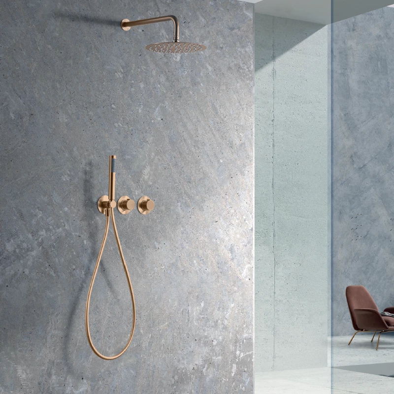 Смеситель для душа термостатический скрытого монтажа готовый комплект верхний душ ø25cm imex assen gta052/orc brushed rose gold pvd