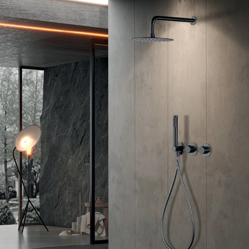 Смеситель для душа термостатический скрытого монтажа готовый комплект верхний душ ø25cm imex assen gta052/bgm black gun metal pvd