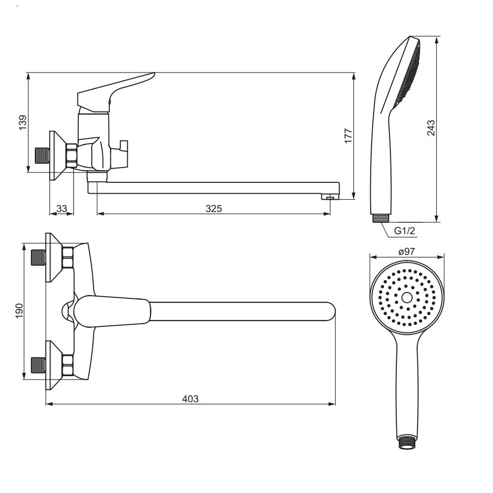 779500001 Jupiter, смеситель для ванны и душа с универсальным изливом и душевым комплектом, хром