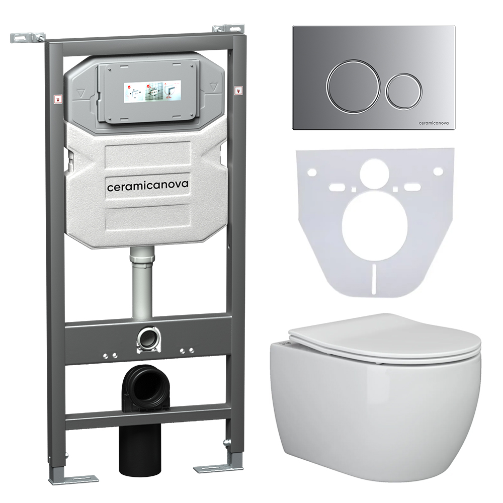Сет 4 в 1: подвесной унитаз play rimless арт. cn3001 + шумоизоляционная панель для инсталляции арт. cn1000 + система инсталляции для унитазов ceramicanova envision с кнопкой смыва round цвет хром матовый и креплениями, арт. cn1001m