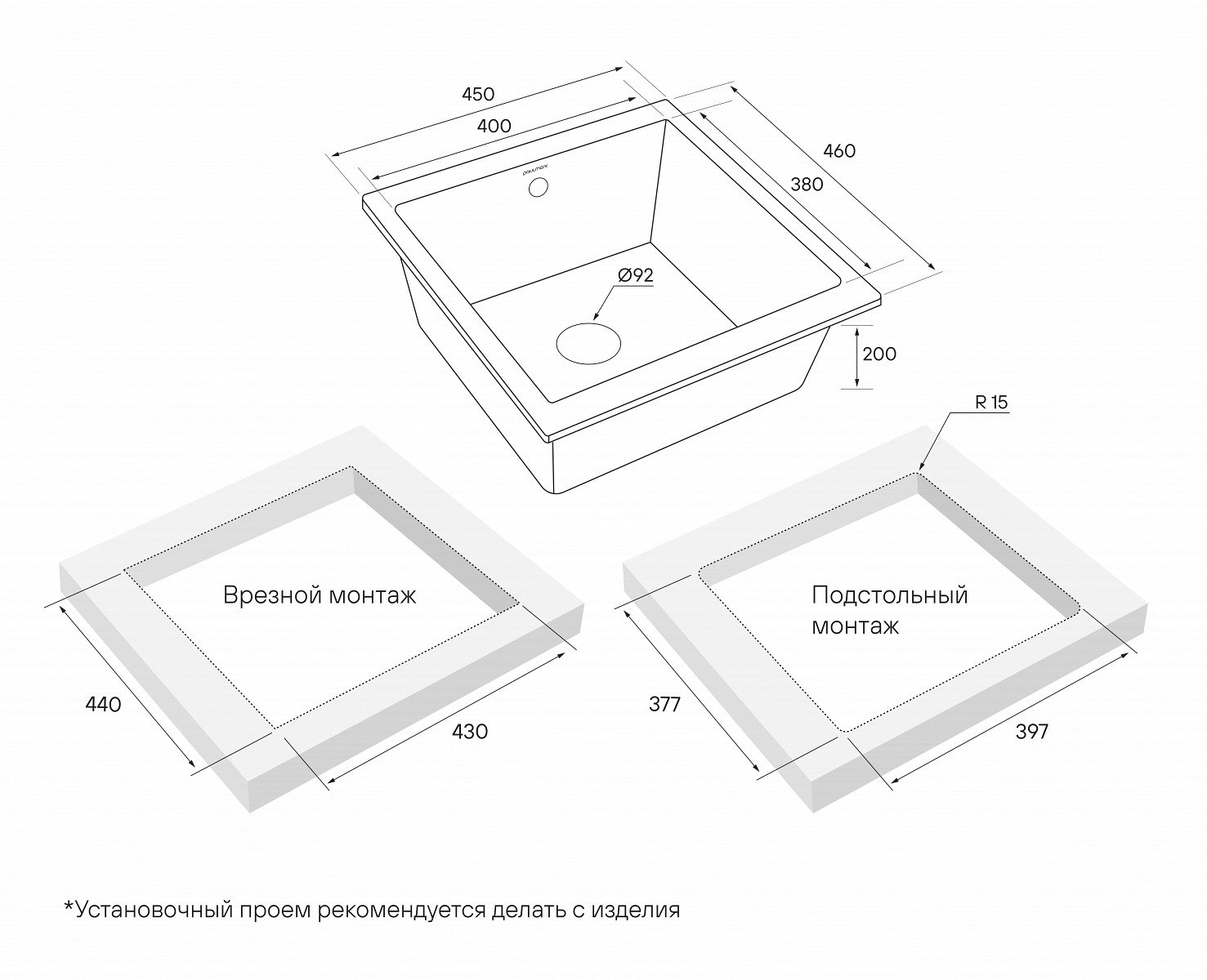 Мойка gera 50, it-granit, pm104546-blm, черный металлик, 445х460, подст. мон. paulmark