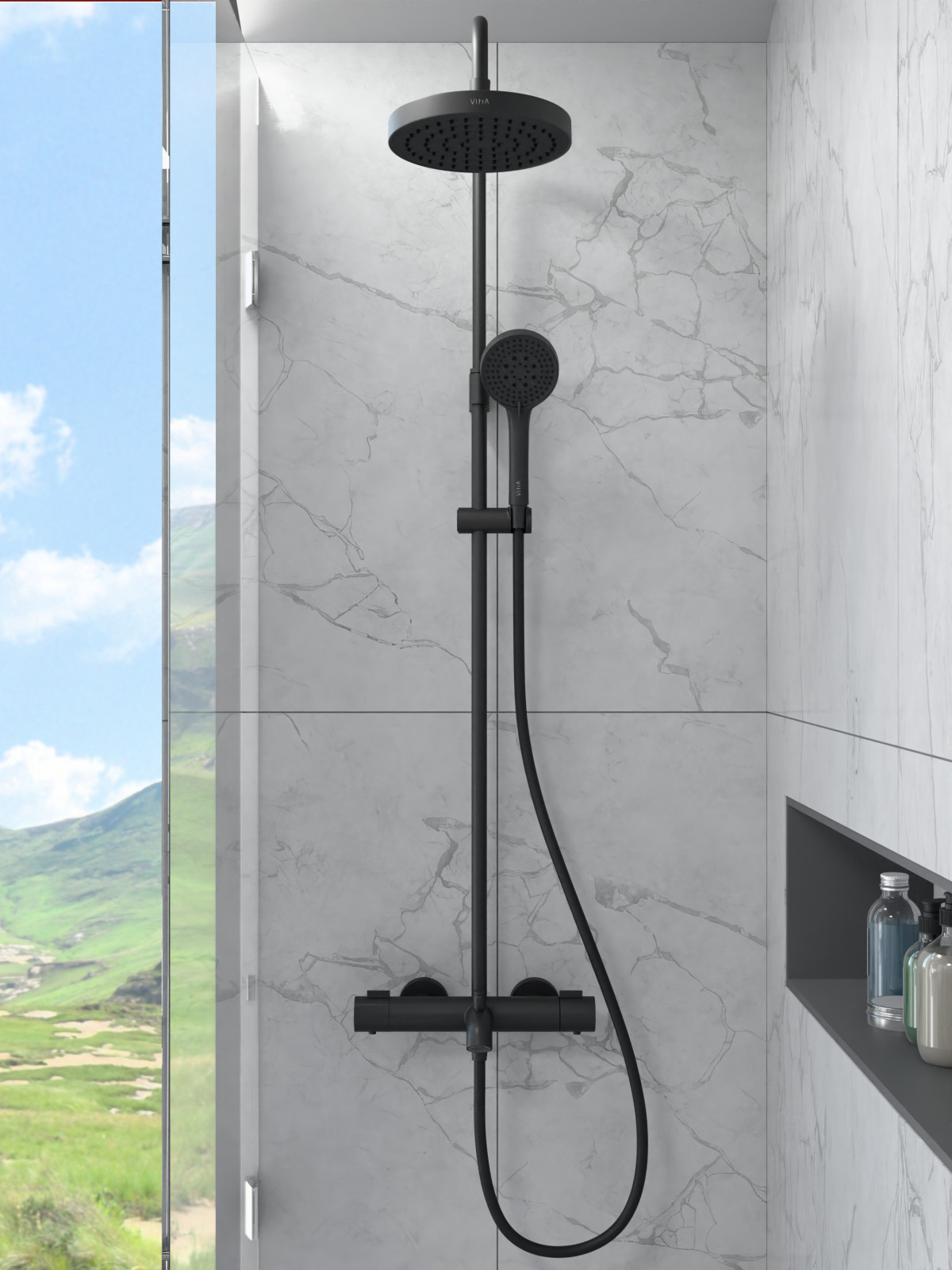 Душевая система VitrA Base Round A4730336EXP с термостатическим смесителем и ручным душем матовая черная латунь