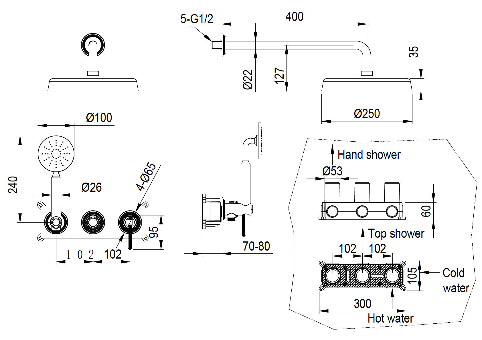 Смеситель встроенный + верхний+ ручной душ, boheme eterna nickel brush