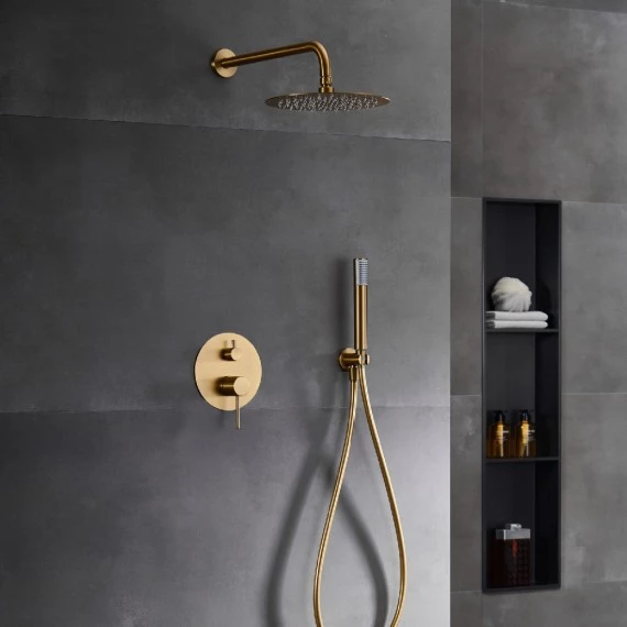 Смеситель для душа скрытого монтажа готовый комплект верхний душ ø25cм imex monza gpm039/oc brushed gold pvd