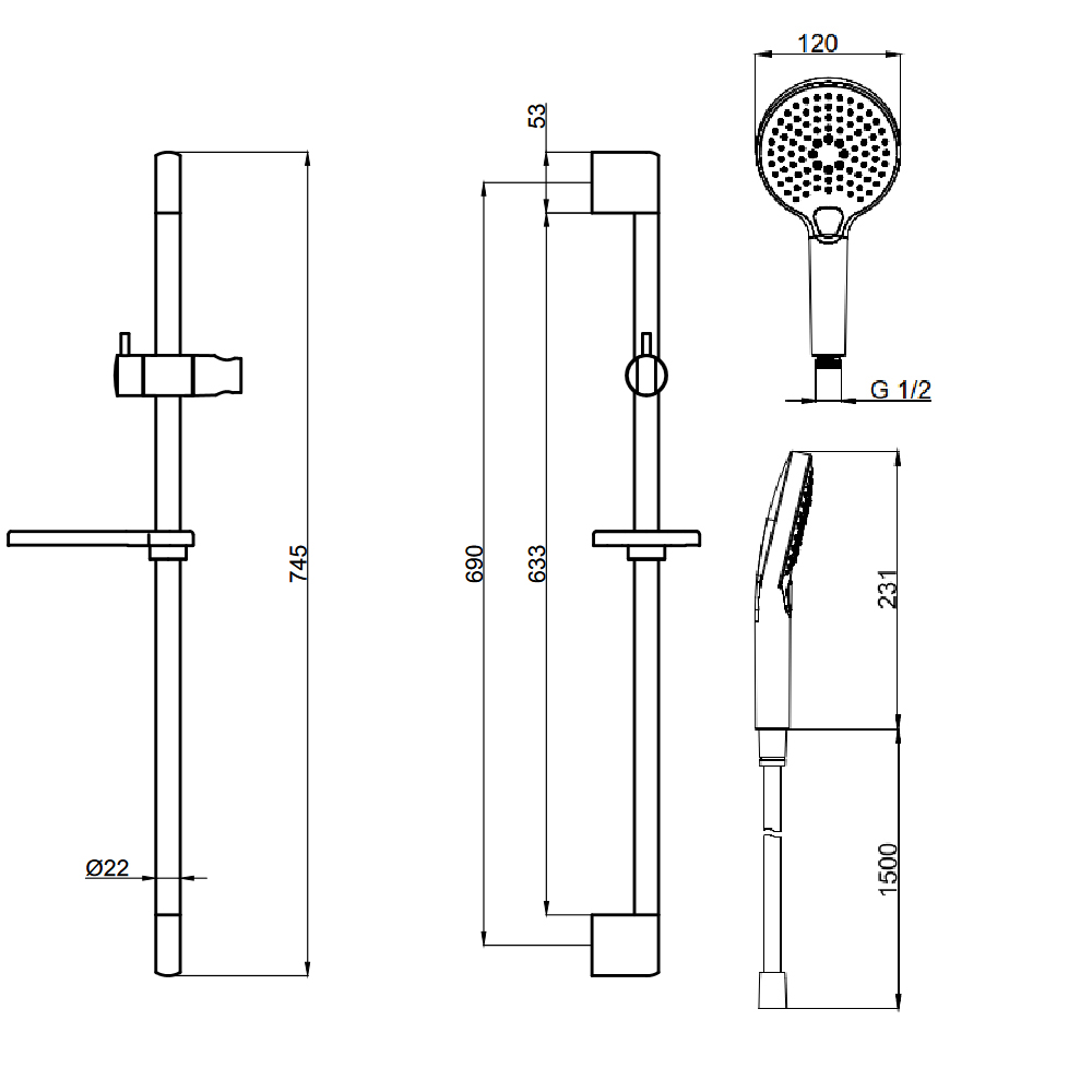Aqm8101bg душевой гарнитур h=790мм, ø120 мм, 3 режима, мыльница, шланг 1500мм, brushed gold
