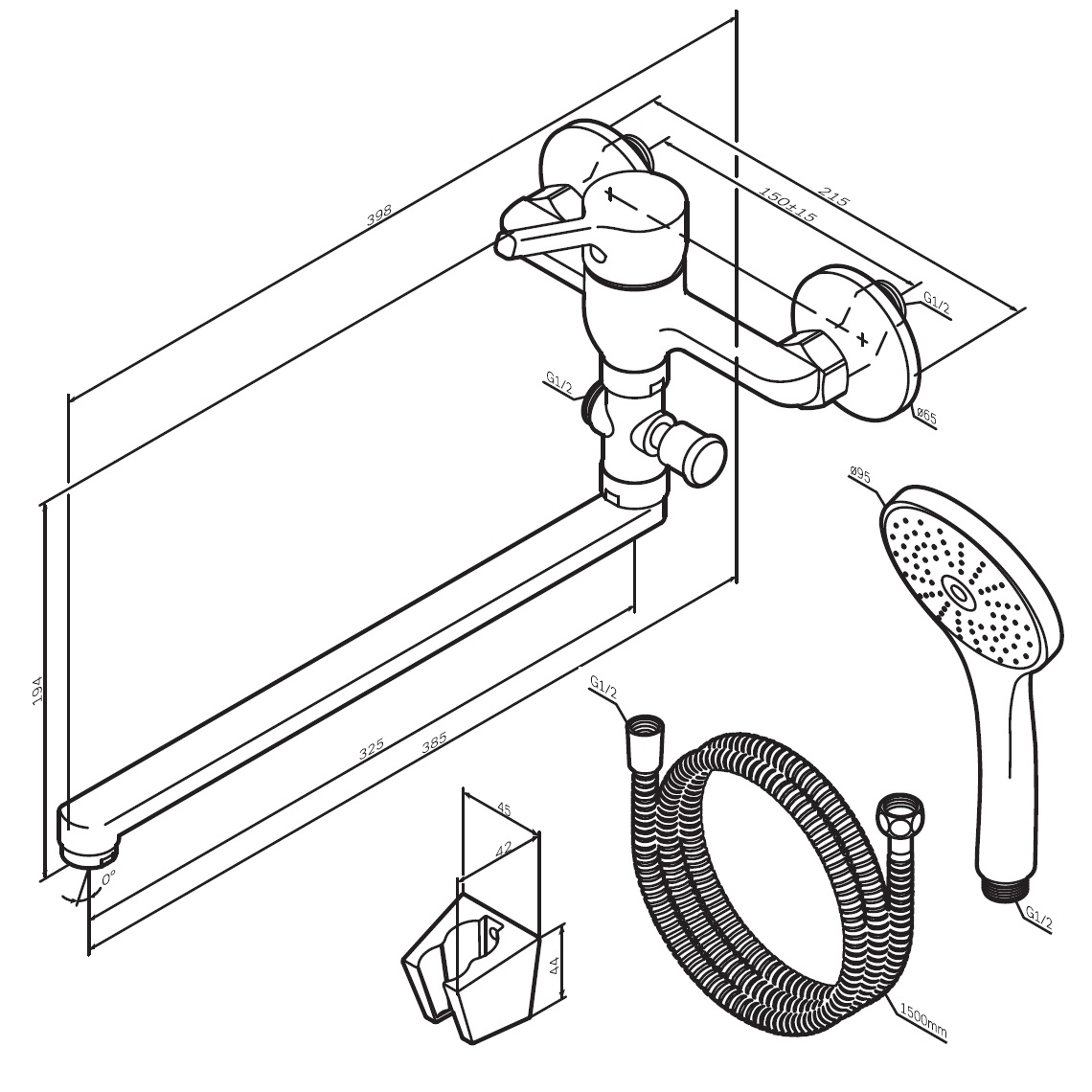 F85B90122 X-Joy S, смеситель д/ванны/душа, излив 325 мм, душевой набор, черн, шт.