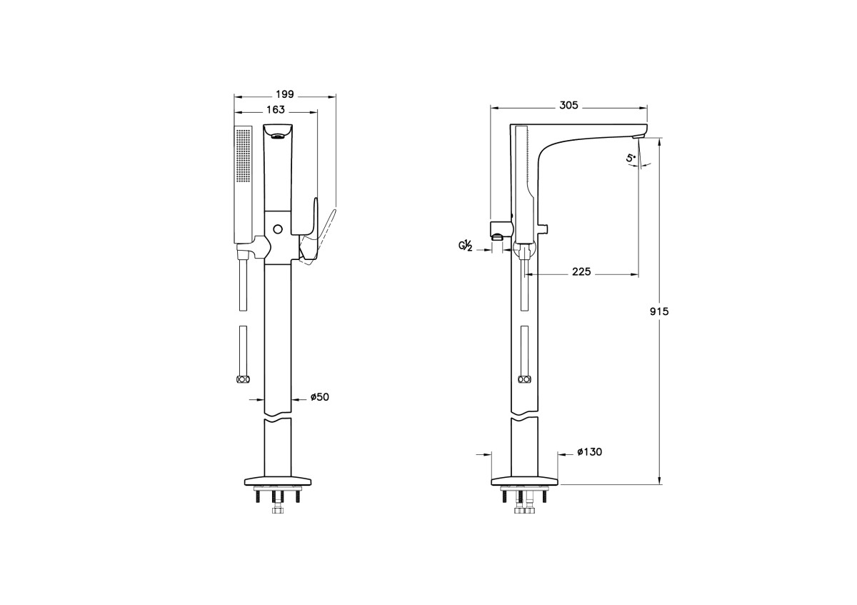 Смеситель для ванны VitrA Root Round A42741EXP напольный с ручным душем хром латунь