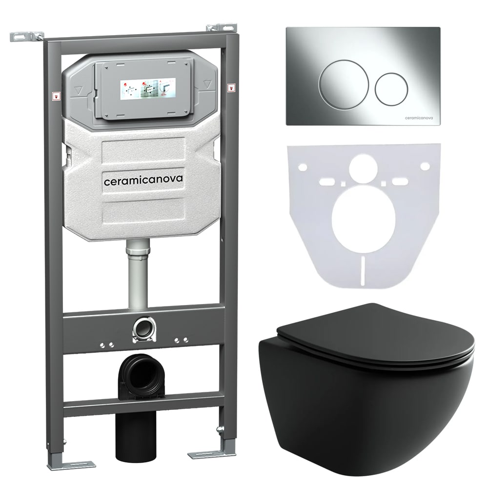 Сет 4 в 1: подвесной унитаз metropol rimless арт. cn4002mb + шумоизоляционная панель для инсталляции арт. cn1000 + система инсталляции для унитазов ceramicanova envision с кнопкой смыва round цвет хром и креплениями, арт. cn1001ch