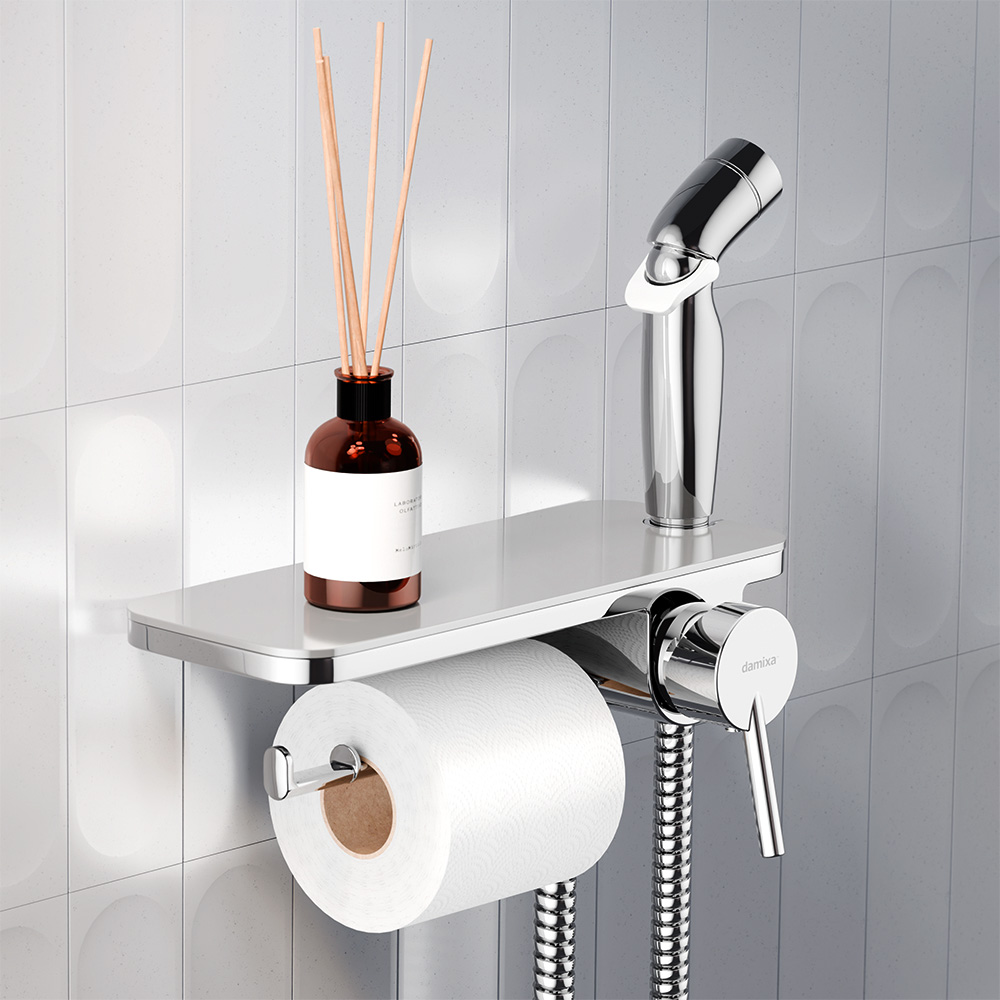 773500001 Jupiter, смеситель монтируемый в стену с гиг. душем и полкой, хром