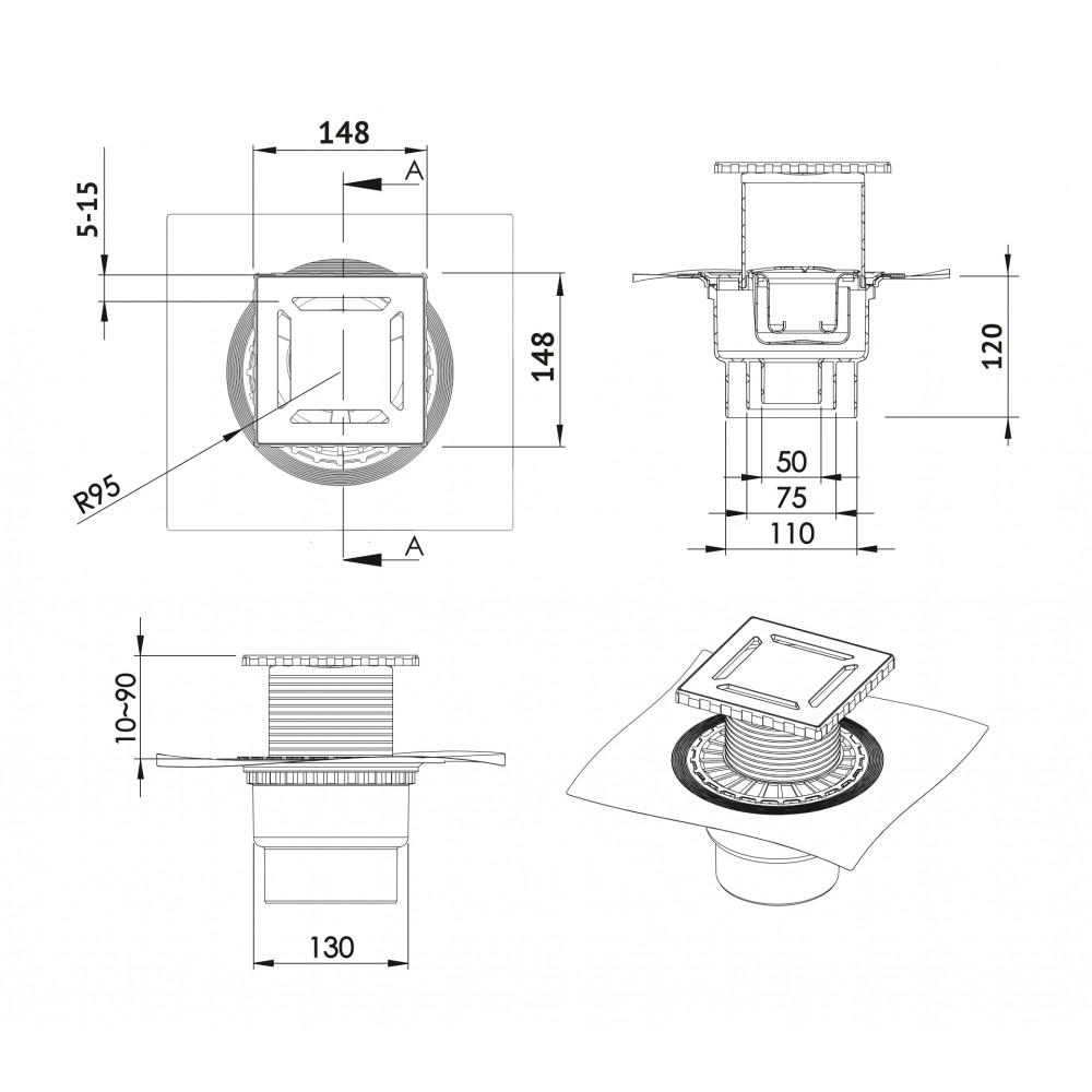 Трап berges водосток zentrum antik 150х150, хром глянец, выпуск d50/75/110 h74 вертикальный