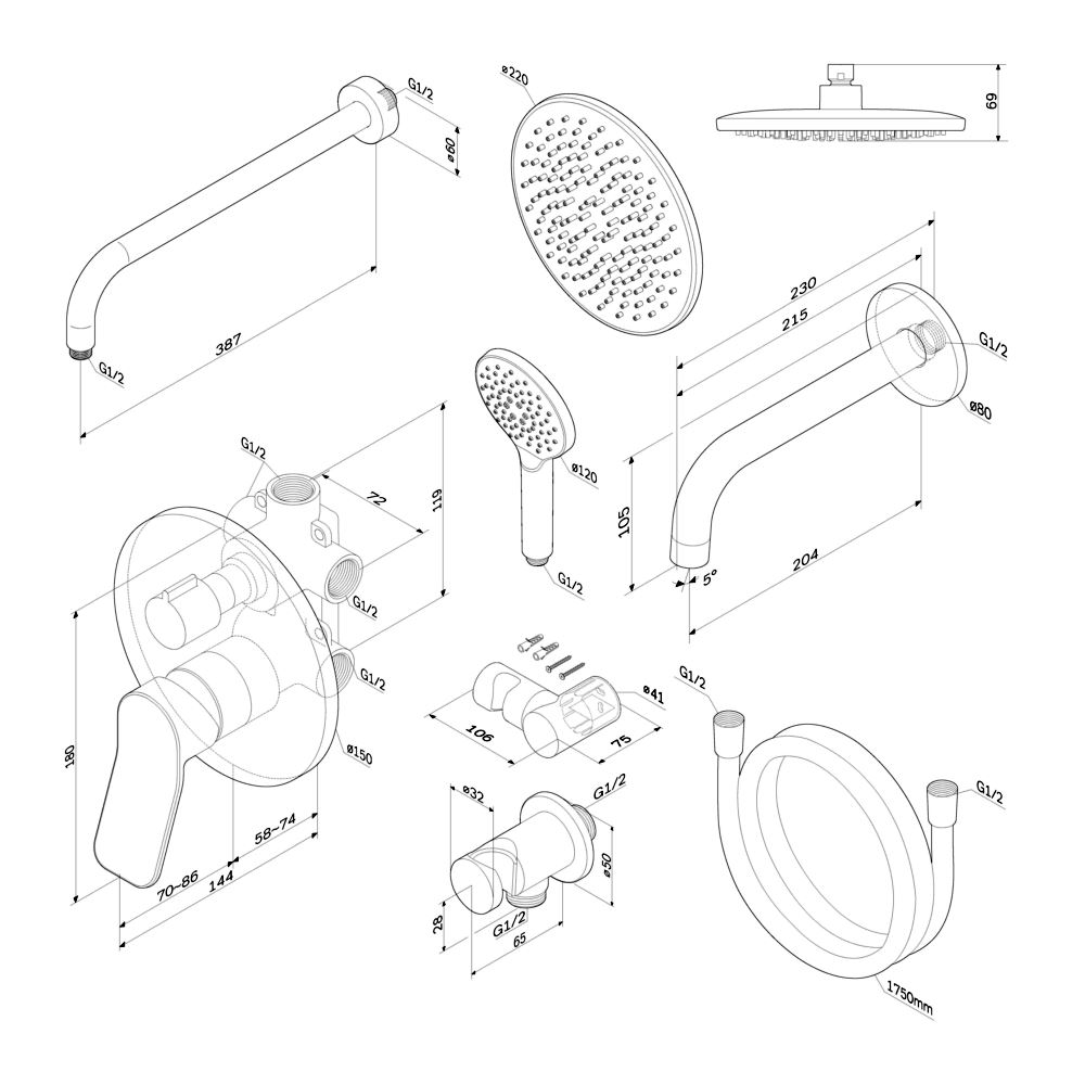 FB85A3RH32 X-Joy, набор: встроеный см-ль, излив, верхний душ 220 мм, ручн.душ, черный