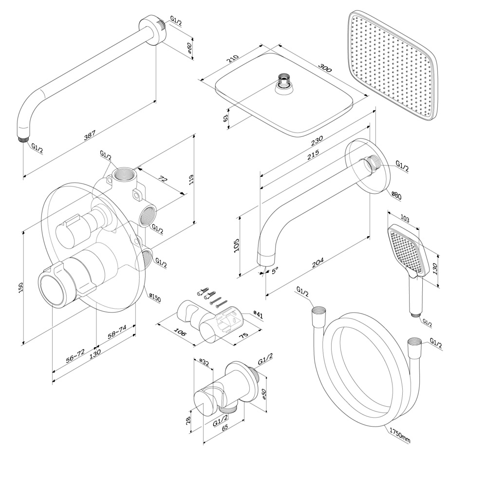 FT85A3RH40 X-Joy, набор: встроеный см-ль с ТМС, излив, прямоуг.верхний душ 300х210мм, ручн.душ, хром