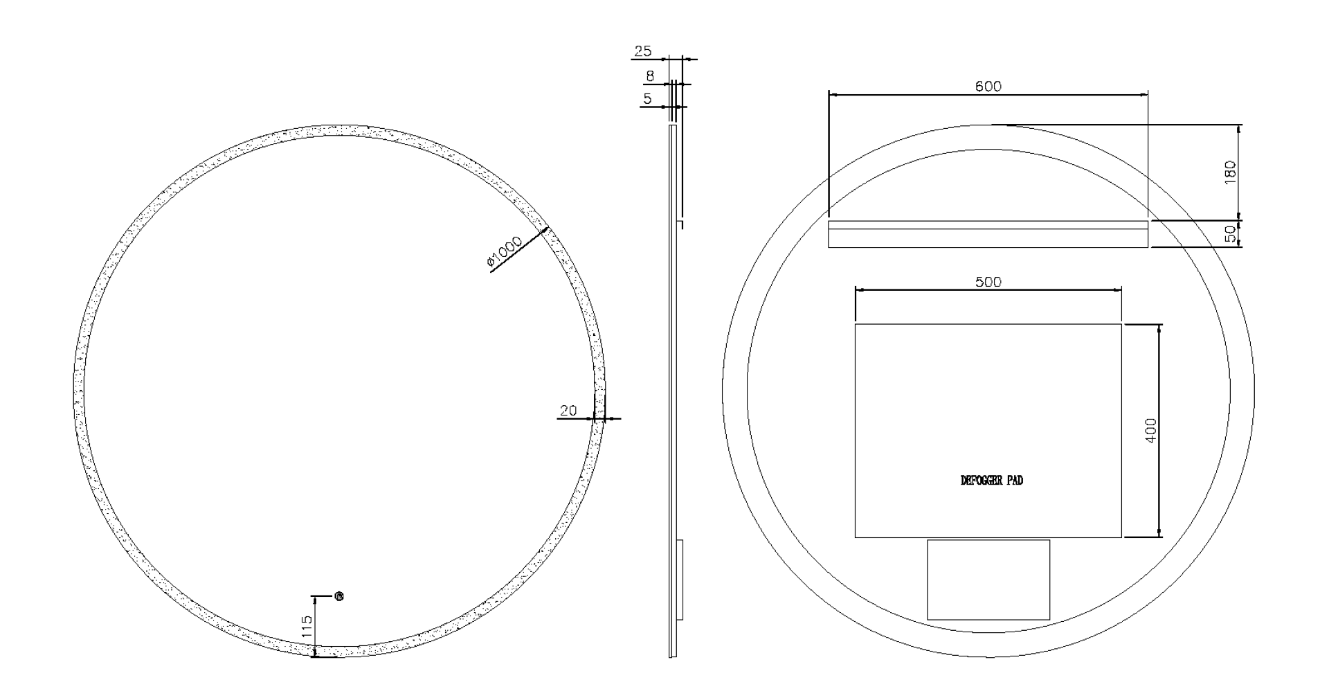 Зеркало круглое , мет. рама, подсв., сенсор, антизапотевание, d100cm, gun metal