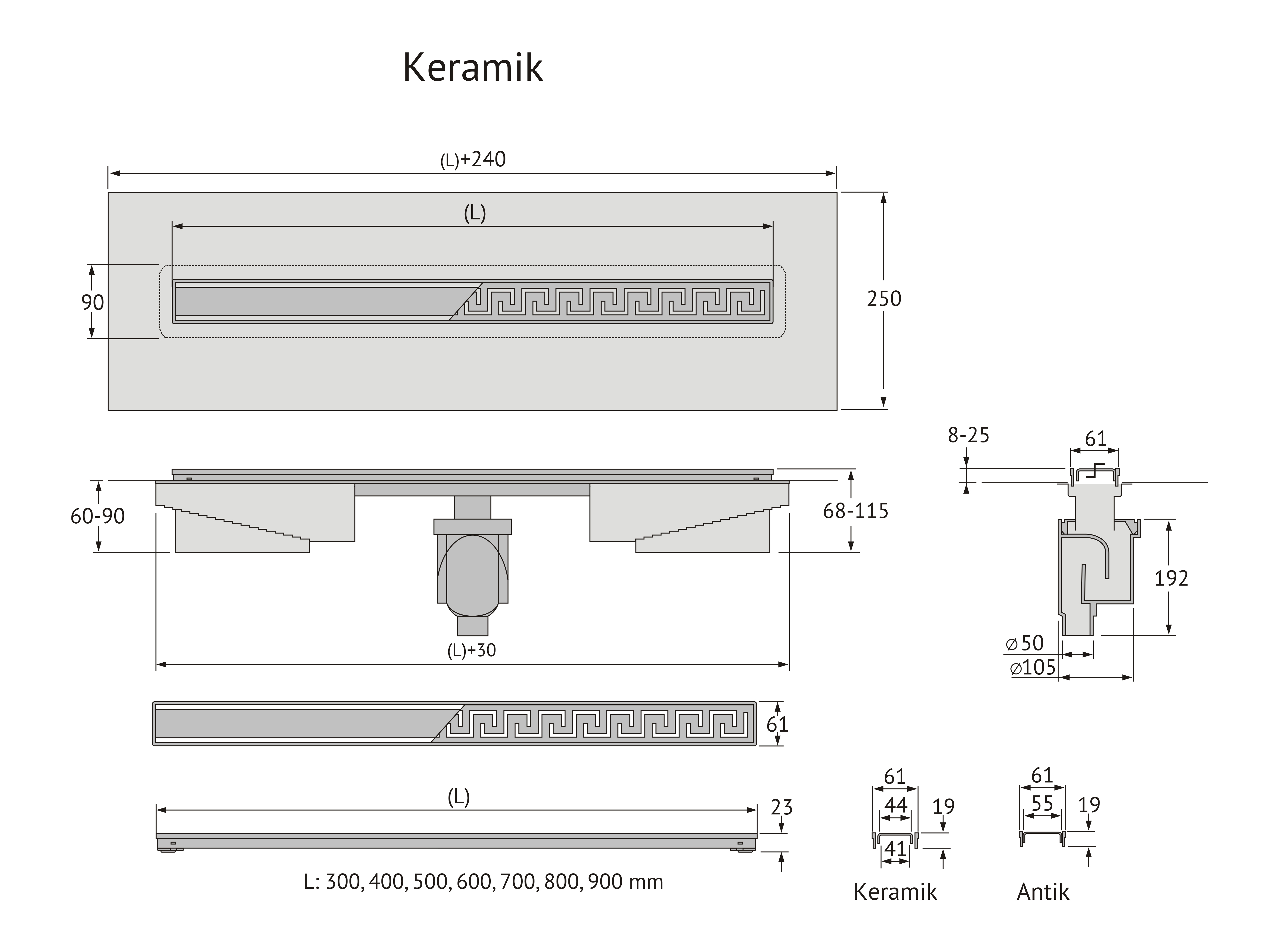 Желоб berges водосток в1 keramik 300, матовый хром, s-сифон d50/105 h50 вертикальный