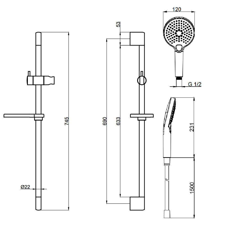 Aqm8101mb душевой гарнитур h=790мм, ø120 мм, 3 режима, мыльница, шланг 1500мм, черный матовый
