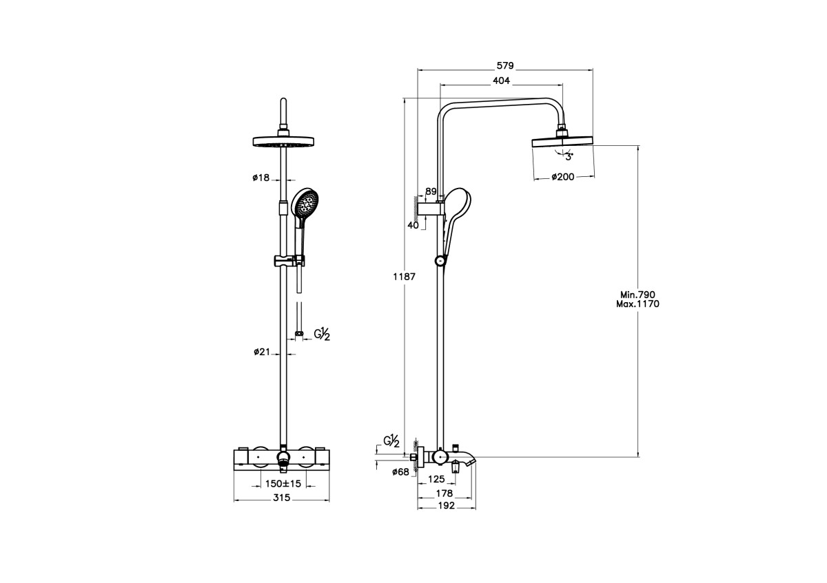 Душевая система VitrA Base Round A4730336EXP с термостатическим смесителем и ручным душем матовая черная латунь