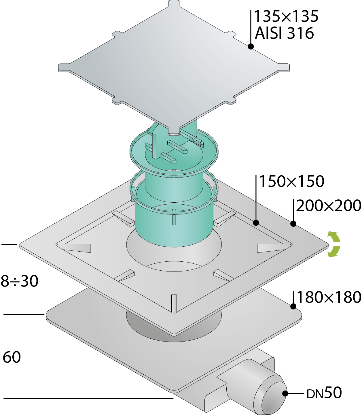 Трап 135х135 мм, решетка под плитку, горизонтальный выход omp tea tirana unseen 2665.698.8