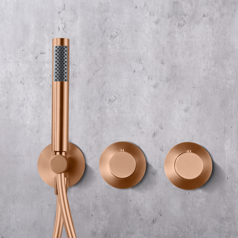 Смеситель для душа термостатический скрытого монтажа готовый комплект верхний душ ø25cm imex assen gta052/orc brushed rose gold pvd