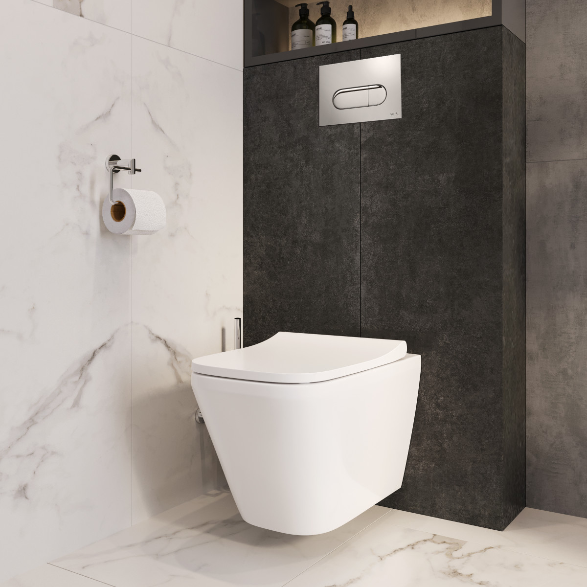 Инсталляция с унитазом VitrA Integra Square 9856B003-7207 комплект 4 в 1 с сиденьем микролифт безободковый цвет клавиши глянцевый хром