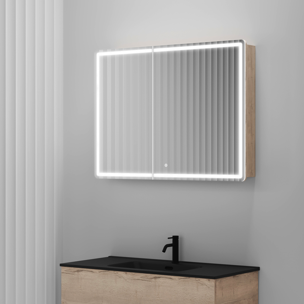 Зеркальный шкаф для ванной комнаты sancos mirror 990x150х740 мм, с led подсветкой, цвет дуб галифакс натуральный, арт. mi100eg