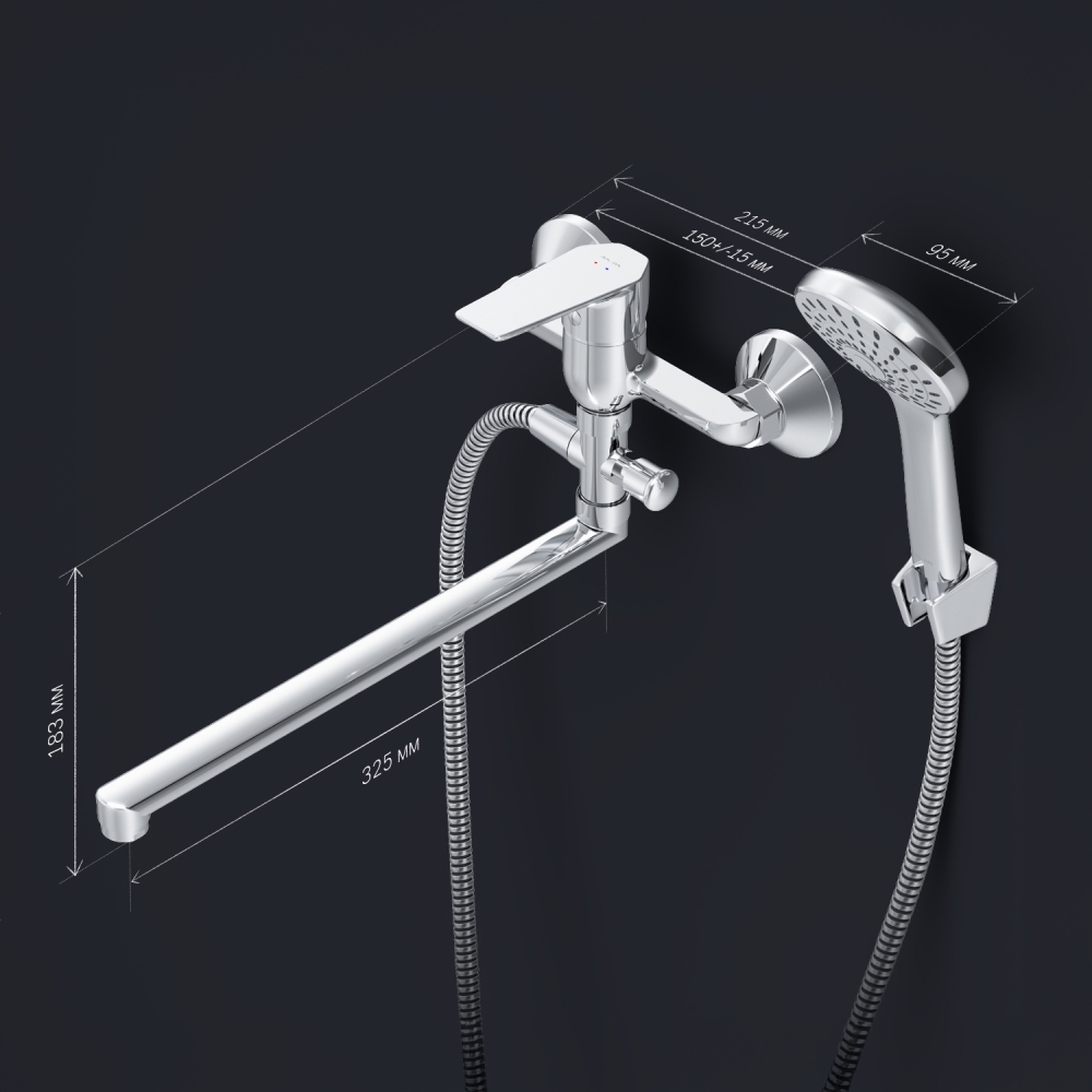 F90A90100 Gem, смеситель д/ванны/душа, излив 325 мм, душевой набор, хром, шт