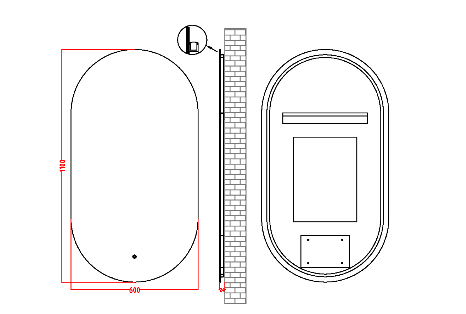 Зеркало овальное , мет. рама, подсв., сенсор, антизапотевание, 60*110, black