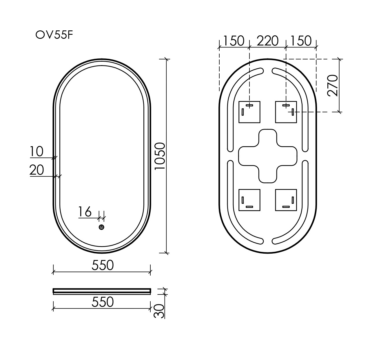 Зеркало для ванной комнаты sancos oval, фронтальная подсветка 550х1050 с сенсорным управлением на прикосновение, арт. ov55f