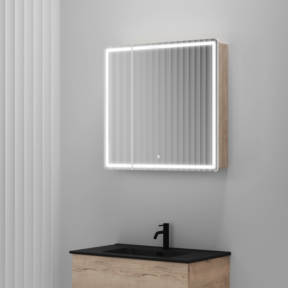 Зеркальный шкаф для ванной комнаты sancos mirror 790x150х740 мм, с led подсветкой, цвет дуб галифакс натуральный, арт. mi80eg