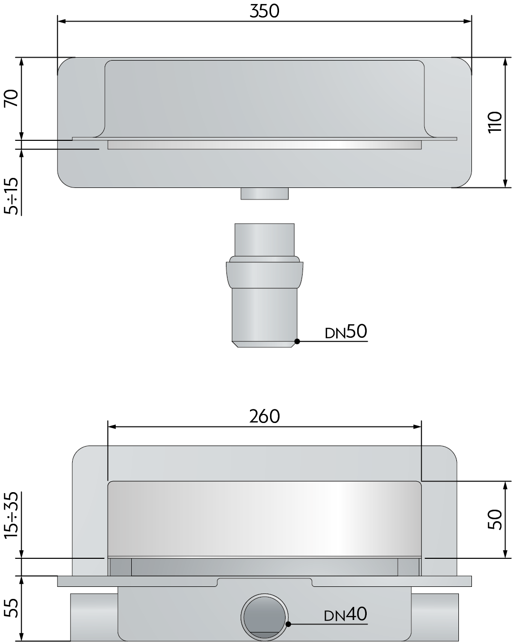 Трап 35 см, пристенный, решетка под плитку, гидрозатвор, abs, горизонтальный выход omp tea intramura 975.102.8