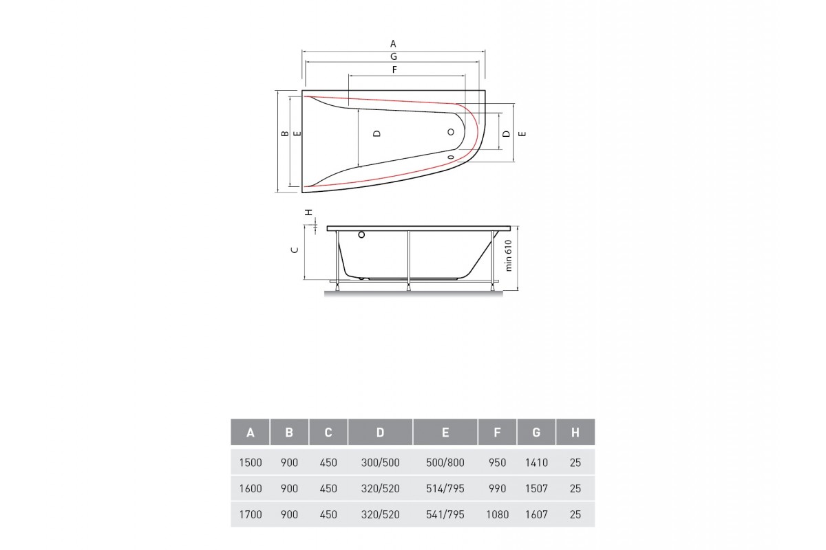 Ванна акриловая левосторонняя Vayer BOOMERANG Гл000009592, 170x90