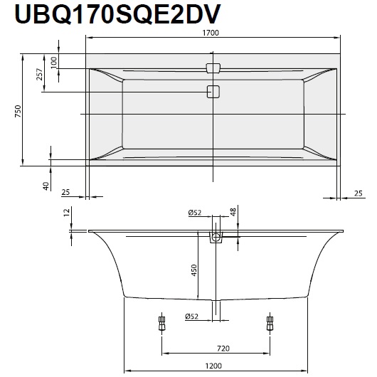 Ванна squaro edge 12 duo quaryl 1700x750x450 villeroy&boch