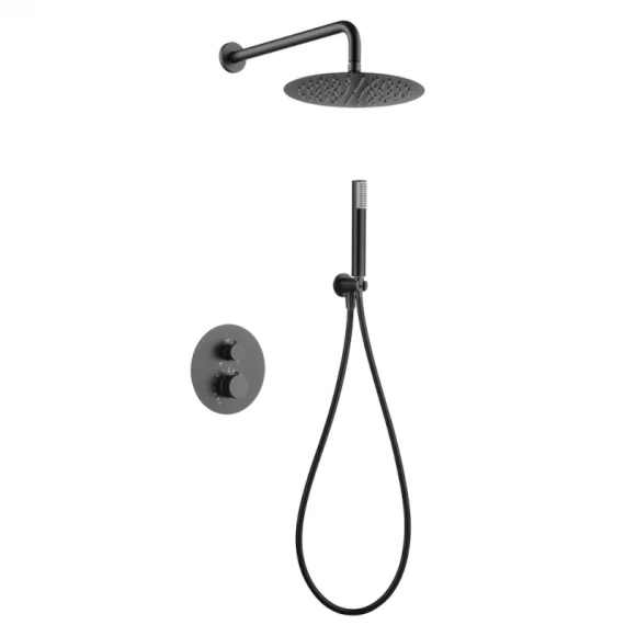 Смеситель для душа термостатический скрытого монтажа готовый комплект верхний душ ø25cm imex line gtd038/bgm black gun metal pvd