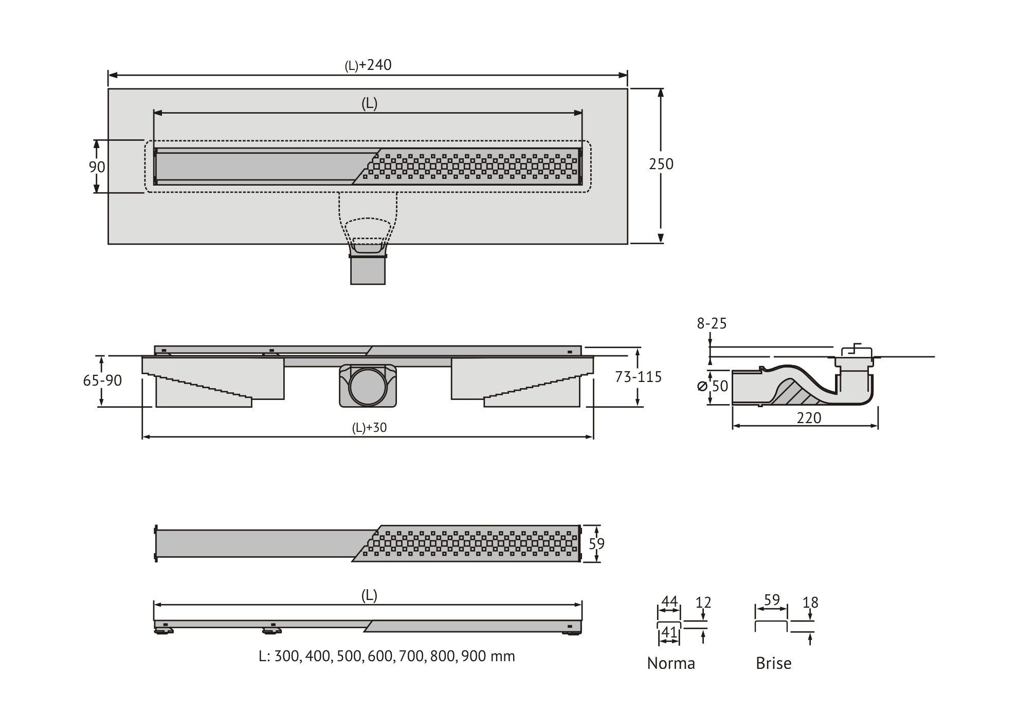 Желоб berges водосток c1 norma 700, матовый хром, s-сифон d50 h60 боковой