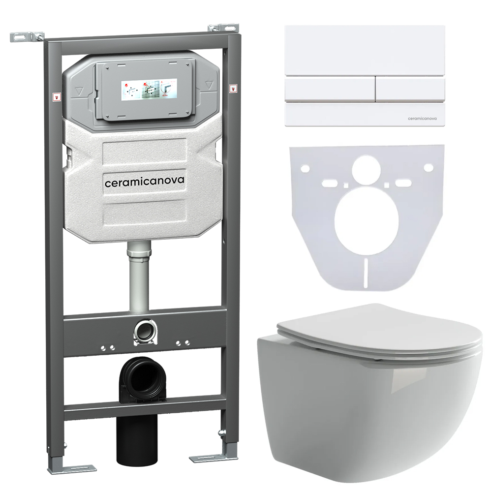 Сет 4 в 1: подвесной унитаз forma rimless арт. cn3009 + шумоизоляционная панель для инсталляции арт. cn1000 + система инсталляции для унитазов ceramicanova envision с кнопкой смыва flat цвет белый, креплениями, арт. cn1002w