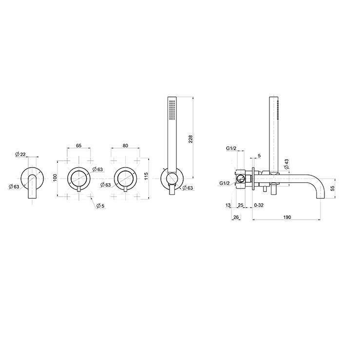 QuadroDesign Source Смеситель для ванны, встраиваемый,  на 2 потребителя с изливом и ручным душем, цвет: brushed stainless steel