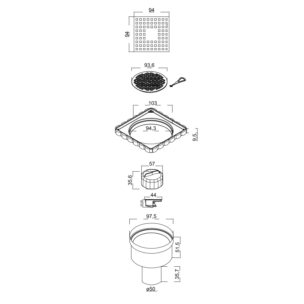 Трап berges водосток напольный trend 100x100 нержавеющая сталь, хром глянец, d50 вертикальный