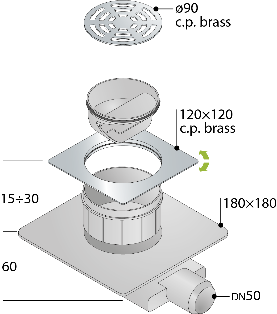 Трап 120х120 мм, горизонтальный выход dn50 omp tea tirana 2665.591.8