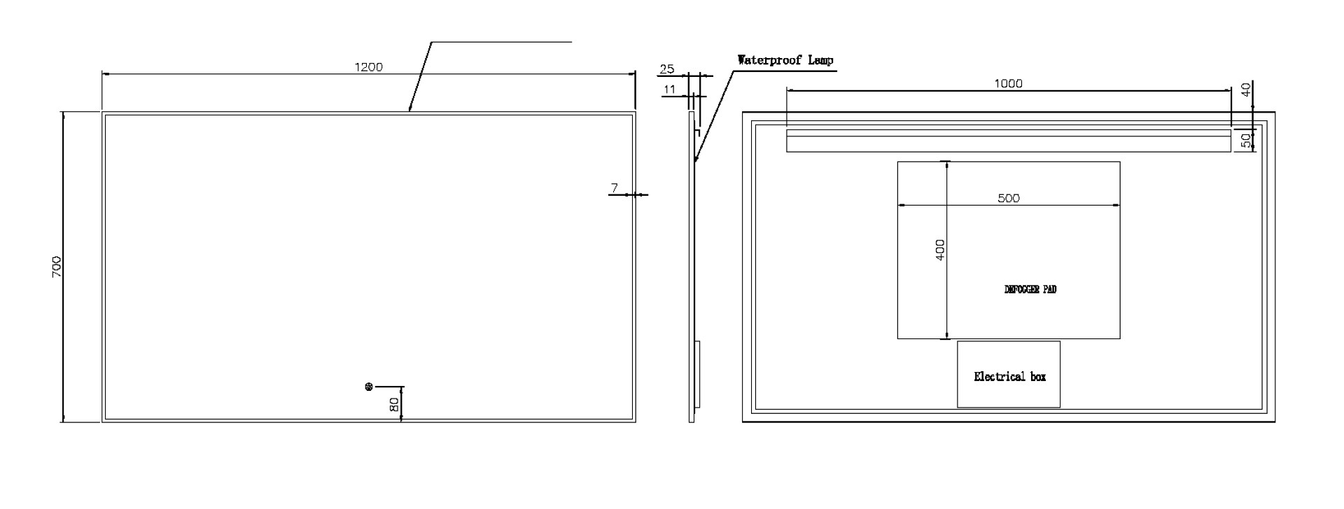 Прямоугольное зеркало , мет. рама, подсв., сенсор, антизапотевание, 120*70 black