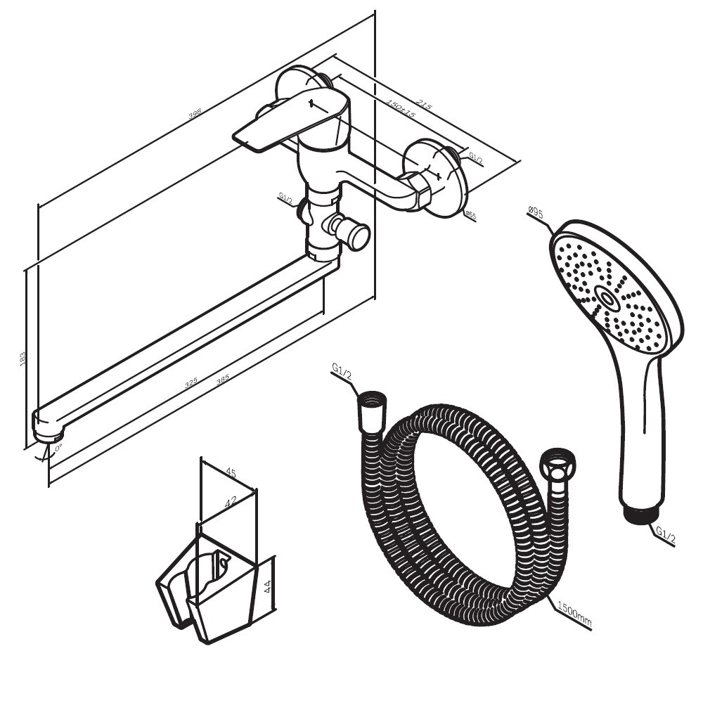 F90A90100 Gem, смеситель д/ванны/душа, излив 325 мм, душевой набор, хром, шт