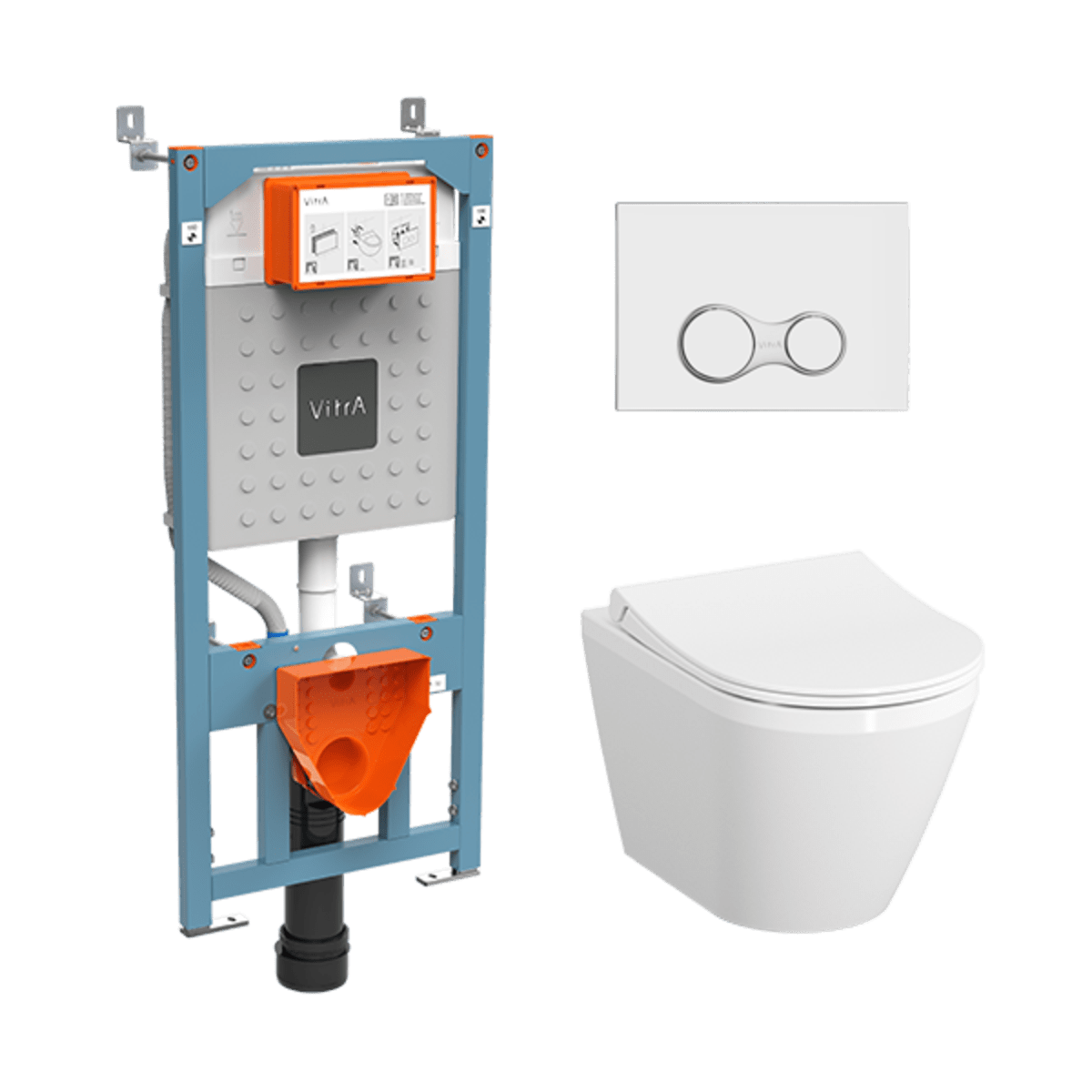 Инсталляция с унитазом VitrA Integra Round 9856B003-7205 комплект 4 в 1 с сиденьем микролифт безободковый цвет клавиши глянцевый хром