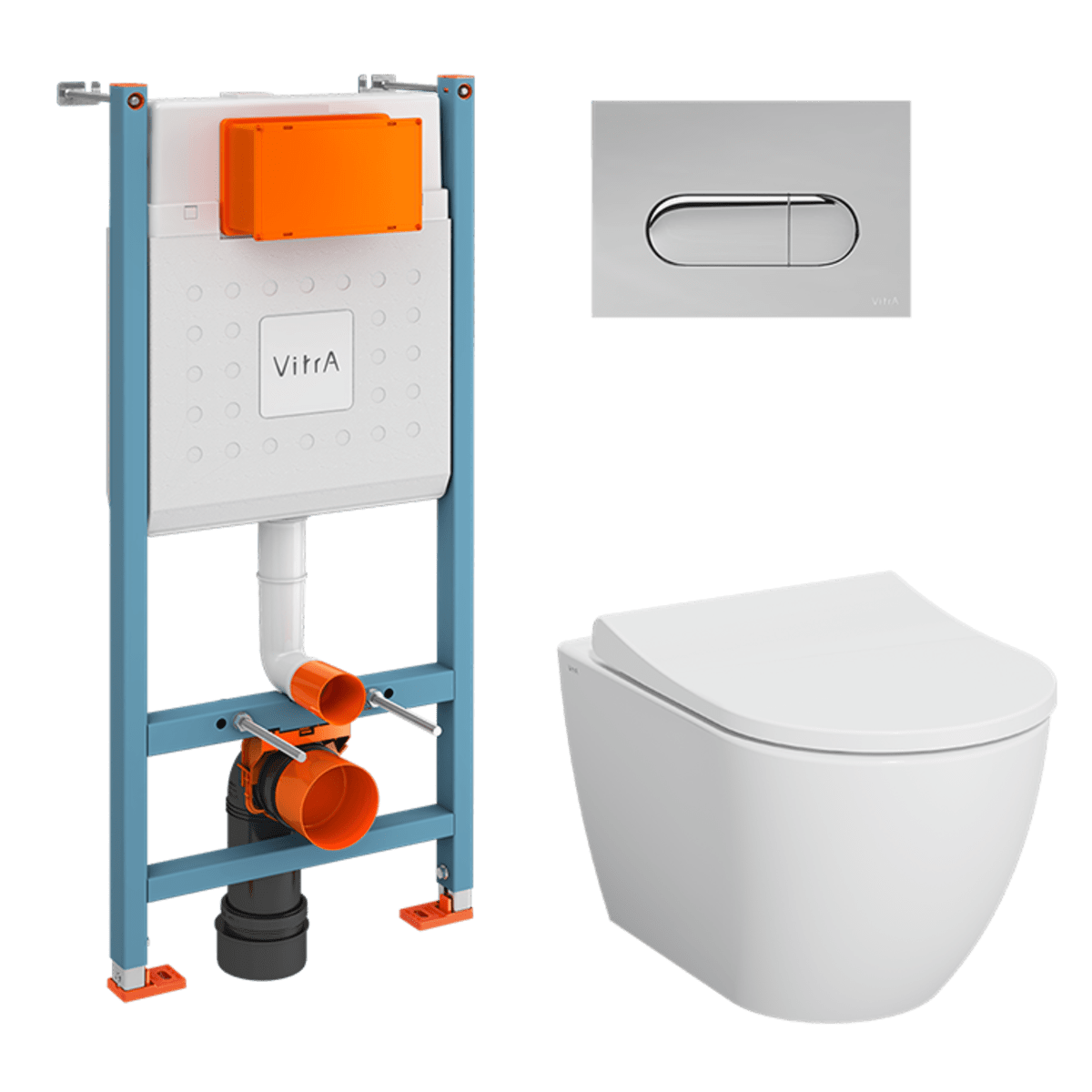 Инсталляция с унитазом VitrA Mia Round 9873B003-7201 комплект 4 в 1 с сиденьем микролифт безободковый цвет клавиши глянцевый хром