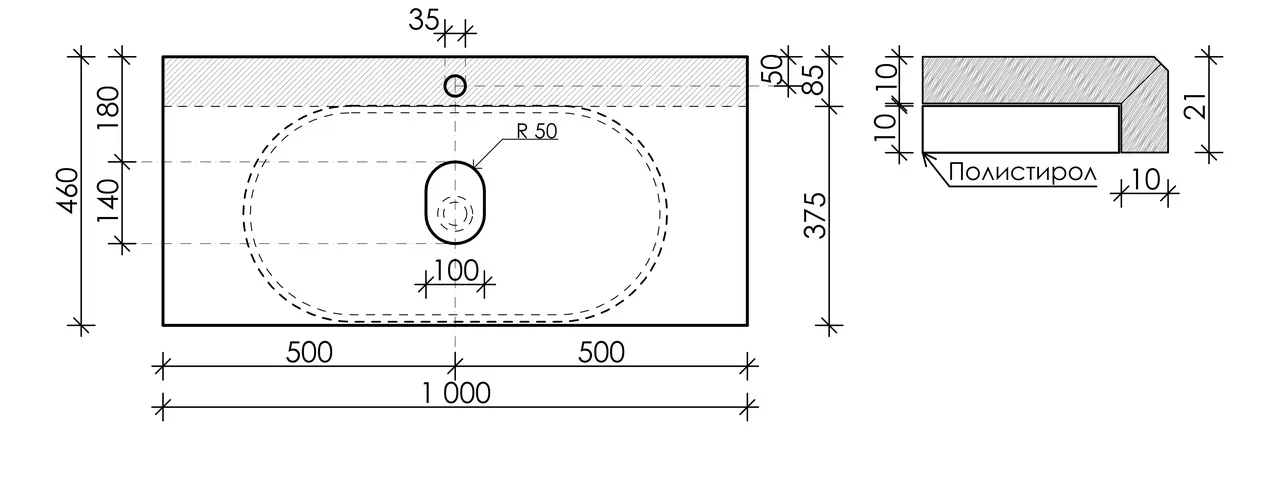 Столешница для ванной комнаты sancos  1000х460 , арт. tt100a2x