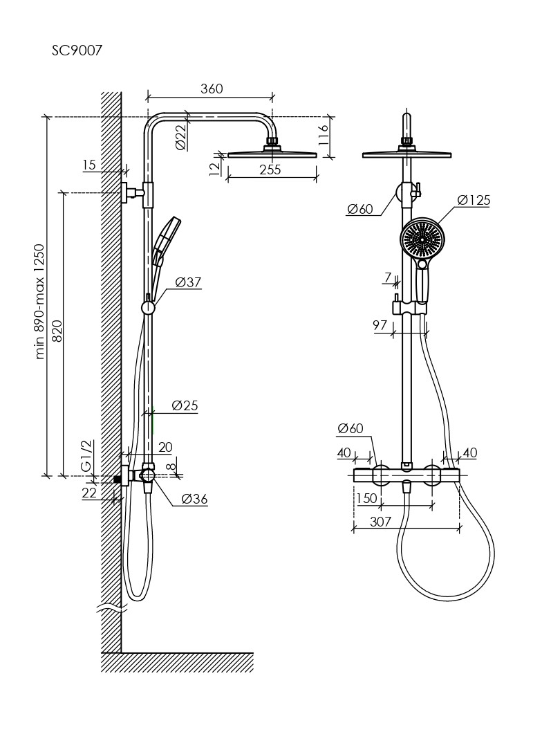 Душевая стойка с термостатом SANCOS Etna, брашированный никель, PVD покрытие, арт. SC9007BN