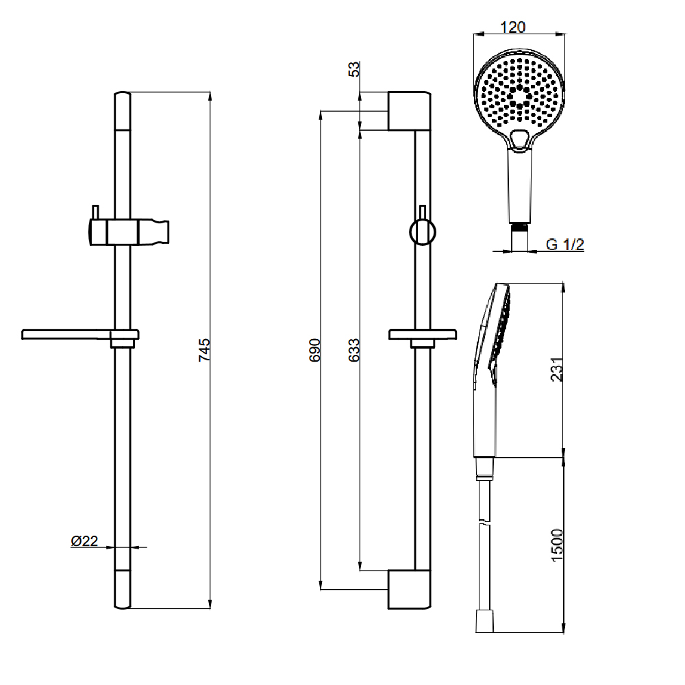 Aqm8101gg душевой гарнитур h=790мм, ø120 мм, 3 режима, мыльница, шланг 1500мм, glossy gold