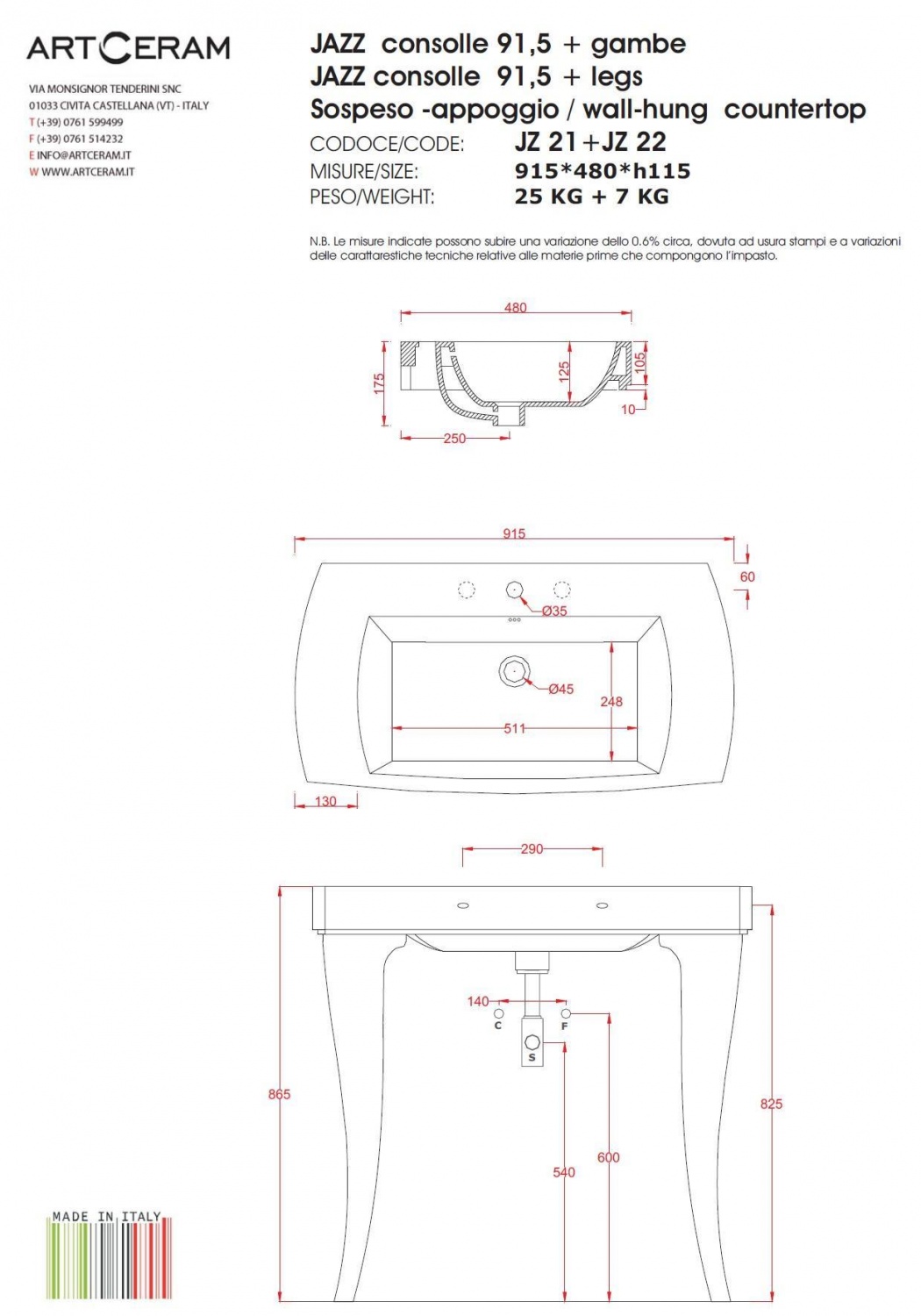 Раковина с консолью настенная x915x480 белый глянцевый jazz gomitoli artceram
